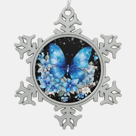(image for) Pewter Snowflake Ornament with Blue Butterfly